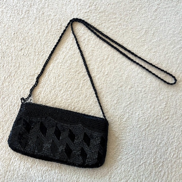 Vintage 1960s Black Beaded Zigzag Shoulder Bag – Handmade Hong Kong - Picture 5 of 13